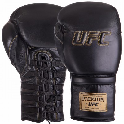 Рукавиці боксерські шкіряні на липучці UFC PRO Prem Lace Up UHK-75047 (р-р 18oz, чорний)