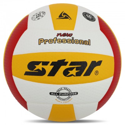 М'яч волейбольний Клейний PU STAR NEW PROFESSIONAL VB315-34 (PU, No5, 3 шари, клейовий, білий-жовтий-червоний)